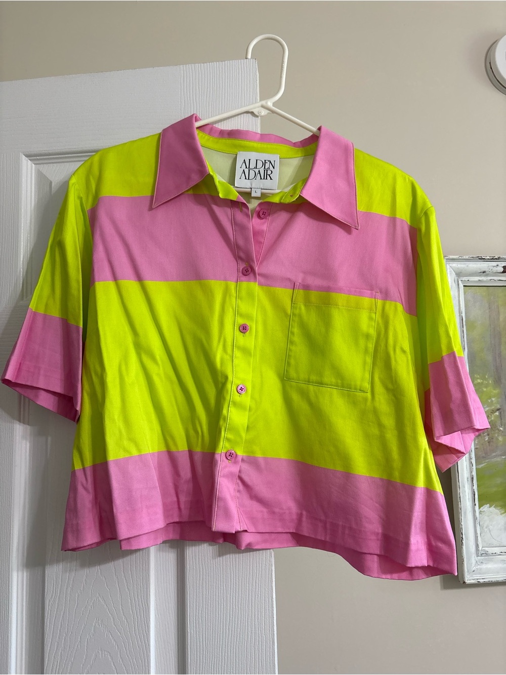 Alden Adair Neon Pink & Lime Colorblock Button Front Blouse Size Large